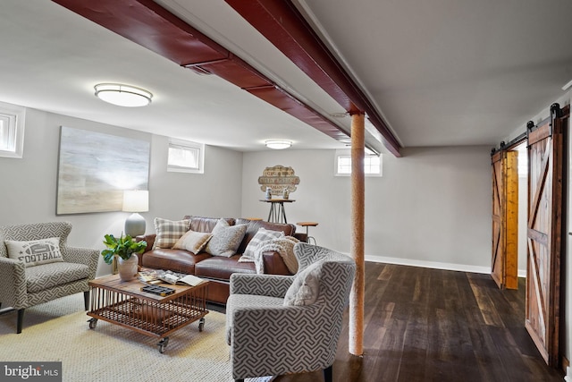 living room featuring dark wood-type flooring and a barn door