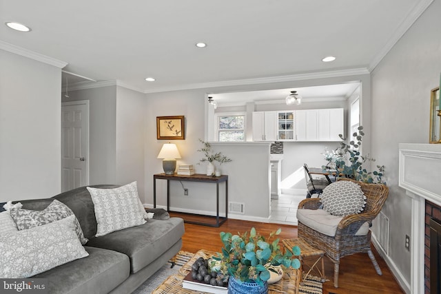 living room featuring hardwood / wood-style flooring and crown molding