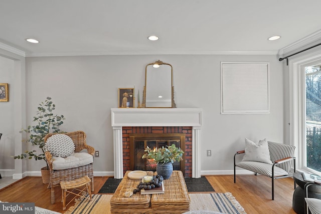 living area with ornamental molding, a fireplace, and light hardwood / wood-style floors