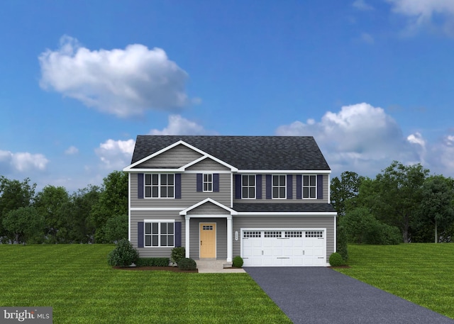 view of front facade featuring a front lawn and a garage