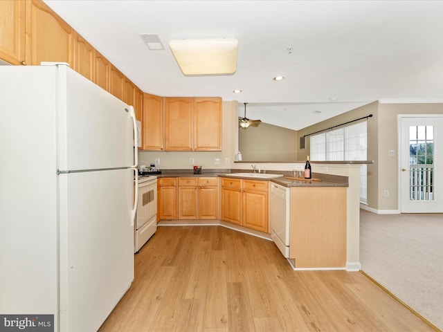 kitchen featuring sink, kitchen peninsula, light hardwood / wood-style floors, white appliances, and light brown cabinetry