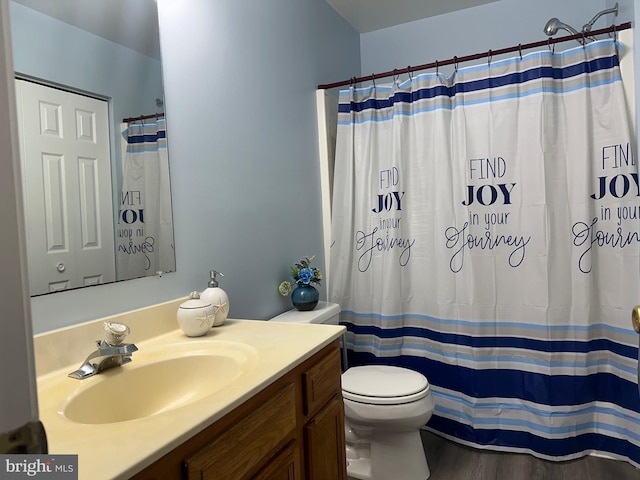 bathroom featuring vanity, curtained shower, wood-type flooring, and toilet