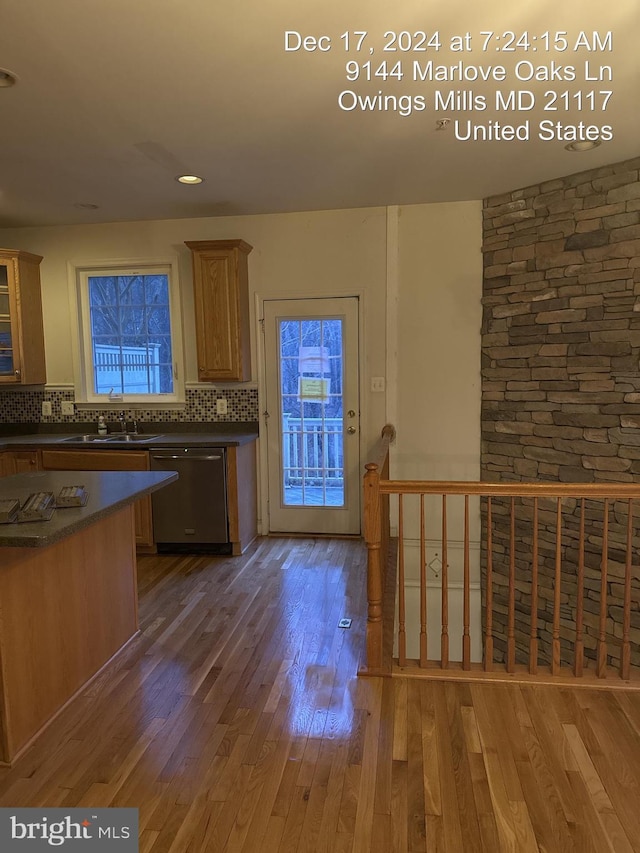 kitchen featuring dishwasher, decorative backsplash, dark hardwood / wood-style flooring, and sink