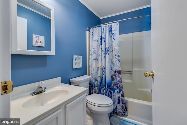 full bathroom with crown molding, vanity, shower / bath combination with curtain, and toilet