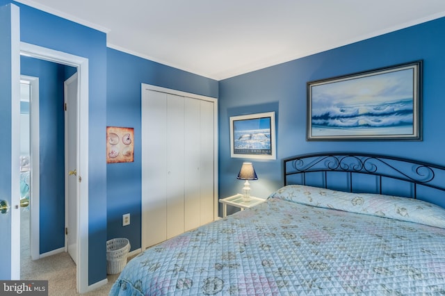 bedroom featuring carpet floors, a closet, and ornamental molding