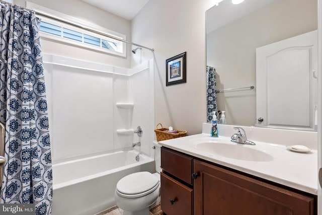 full bathroom with vanity, toilet, and shower / bathtub combination with curtain