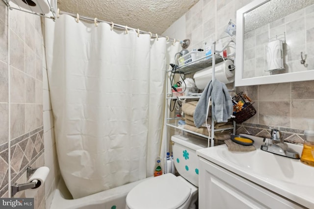 full bathroom featuring decorative backsplash, shower / bathtub combination with curtain, tile walls, and a textured ceiling