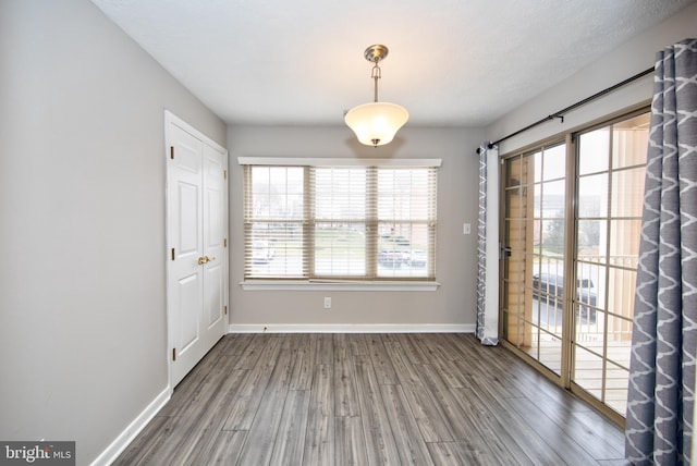 unfurnished dining area with hardwood / wood-style floors and a textured ceiling