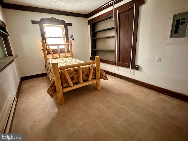 bedroom with electric panel, baseboard heating, and crown molding