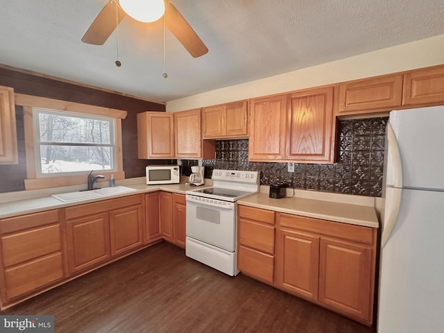 kitchen with white appliances, dark wood-type flooring, sink, decorative backsplash, and ceiling fan