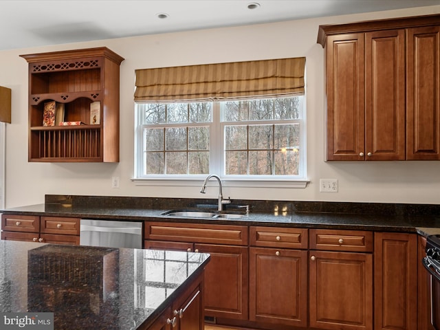 kitchen with dark stone countertops, sink, and stainless steel dishwasher