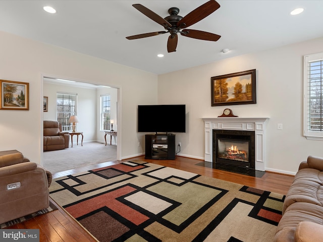 living room with ceiling fan, plenty of natural light, and hardwood / wood-style flooring