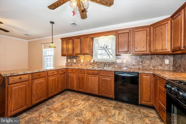 kitchen featuring backsplash, black appliances, sink, ornamental molding, and kitchen peninsula