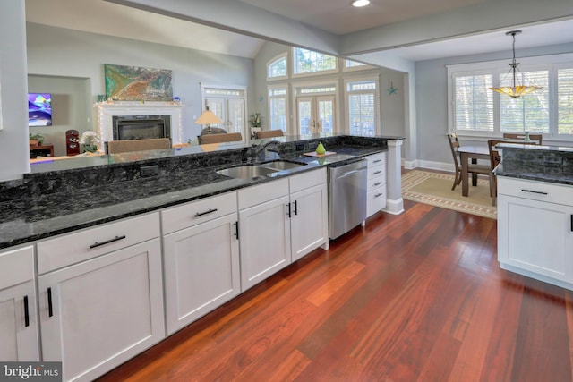 kitchen with dishwasher, dark hardwood / wood-style floors, dark stone countertops, and sink