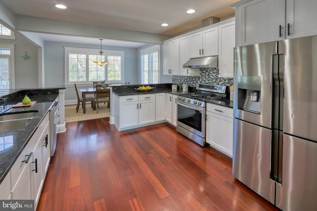 kitchen featuring dark hardwood / wood-style flooring, hanging light fixtures, white cabinets, and stainless steel appliances