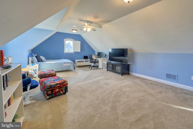 carpeted bedroom featuring ceiling fan and lofted ceiling