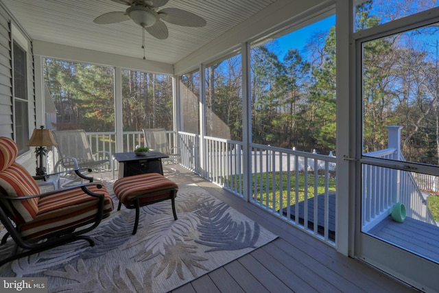 sunroom / solarium featuring ceiling fan