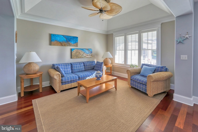 living room featuring dark hardwood / wood-style flooring, a tray ceiling, and ornamental molding