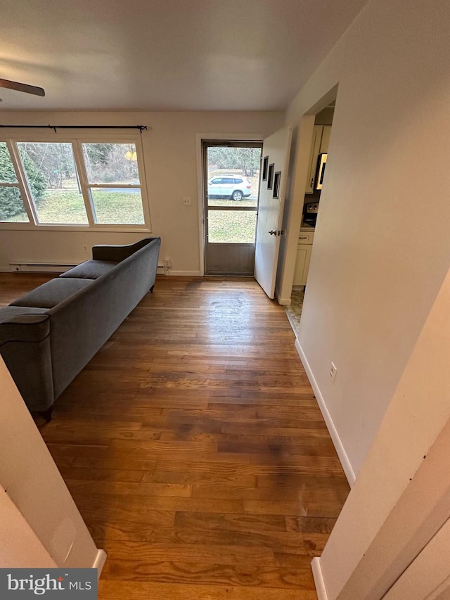 interior space featuring hardwood / wood-style floors, a healthy amount of sunlight, and a baseboard radiator