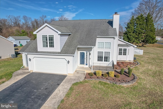 cape cod house featuring central AC unit, a porch, a garage, and a front yard