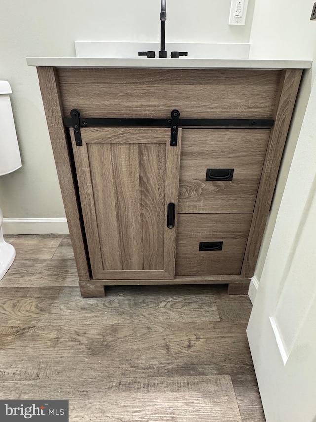 room details with hardwood / wood-style flooring and a barn door