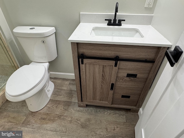 bathroom featuring toilet, vanity, and hardwood / wood-style flooring