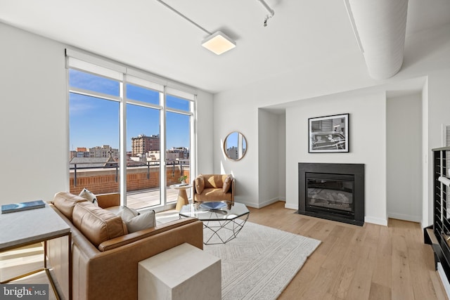 living room featuring a view of city, a fireplace with flush hearth, light wood-style floors, and baseboards