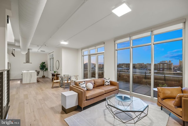 living room with a healthy amount of sunlight, a view of city, a wall of windows, and light wood-style floors