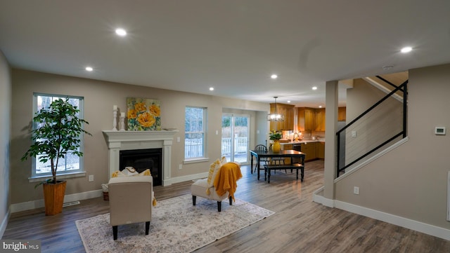 living room featuring hardwood / wood-style floors, a notable chandelier, and a wealth of natural light