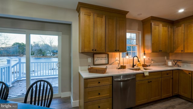 kitchen featuring dishwasher, dark hardwood / wood-style flooring, sink, and a water view