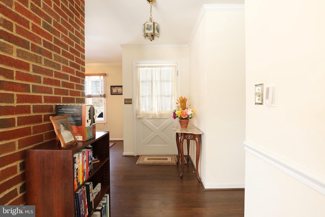 foyer featuring an inviting chandelier, ornamental molding, and dark wood-type flooring