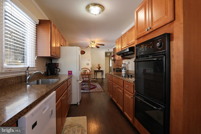 kitchen with sink, ceiling fan, exhaust hood, black appliances, and dark wood-type flooring