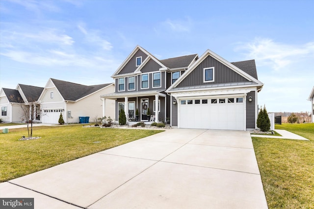 craftsman-style home with a front yard and covered porch