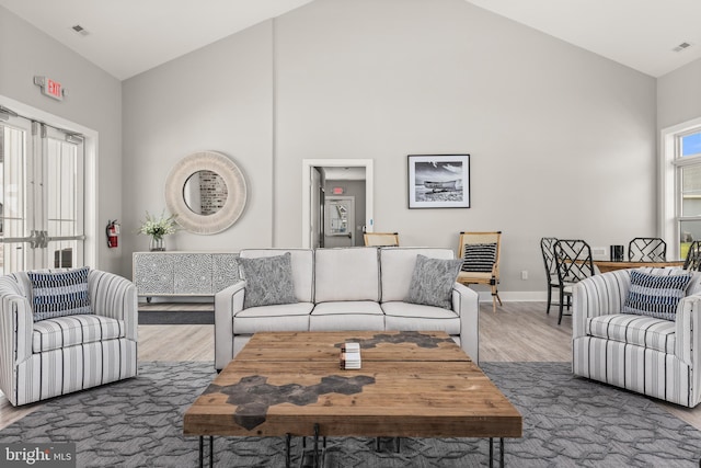 living room featuring dark wood-type flooring and high vaulted ceiling