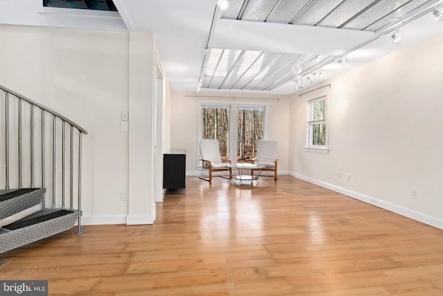 living area featuring rail lighting and light hardwood / wood-style flooring