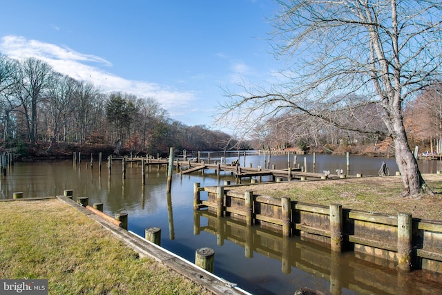 view of dock with a water view