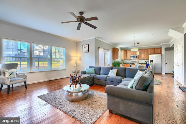 living room with hardwood / wood-style floors, ceiling fan, and crown molding