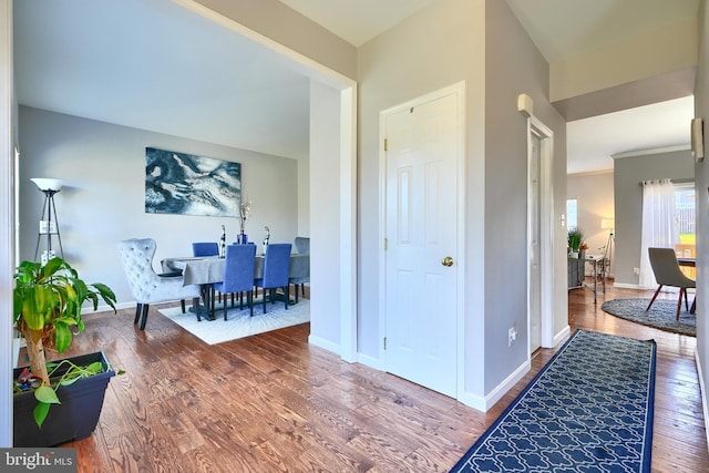 foyer with wood-type flooring and crown molding