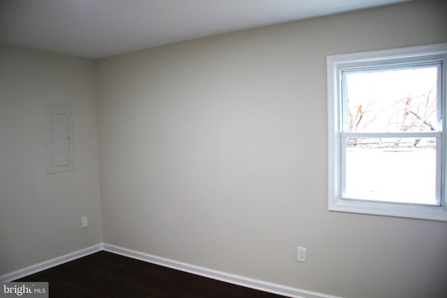 spare room featuring electric panel and dark hardwood / wood-style flooring