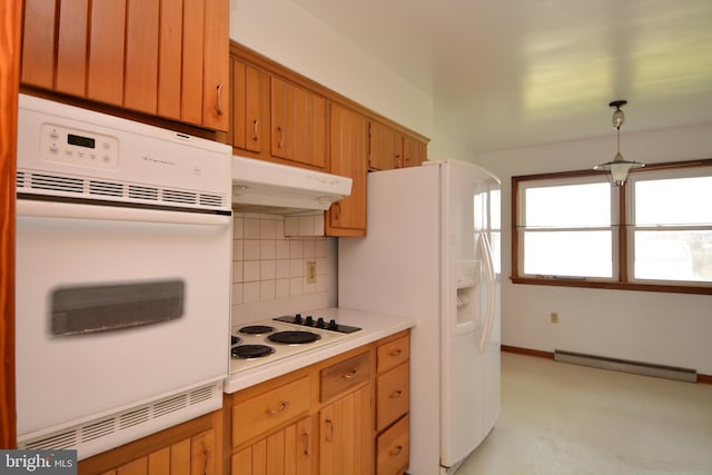 kitchen with light carpet, backsplash, white appliances, baseboard heating, and decorative light fixtures