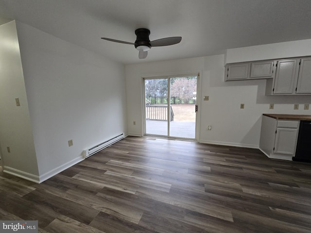 interior space with ceiling fan, dark wood-type flooring, and a baseboard radiator