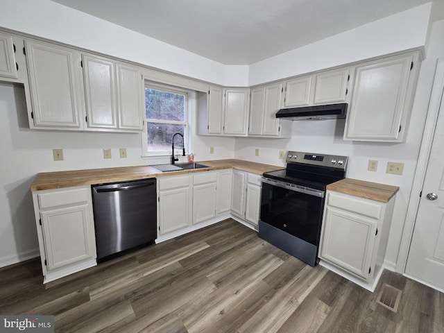 kitchen featuring butcher block counters, dark wood-type flooring, sink, appliances with stainless steel finishes, and white cabinetry