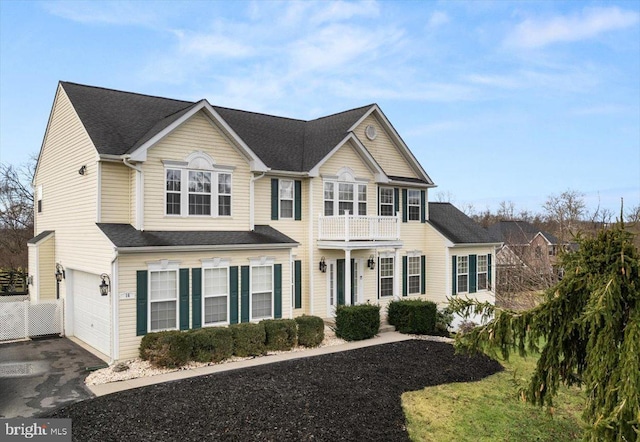 view of front of home with a garage and a balcony