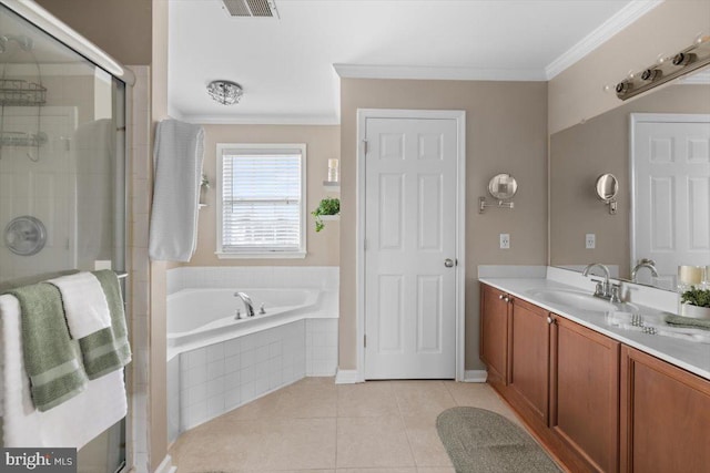 bathroom featuring tile patterned floors, ornamental molding, plus walk in shower, and vanity