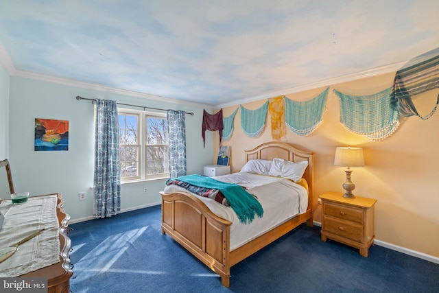 bedroom featuring dark colored carpet and ornamental molding