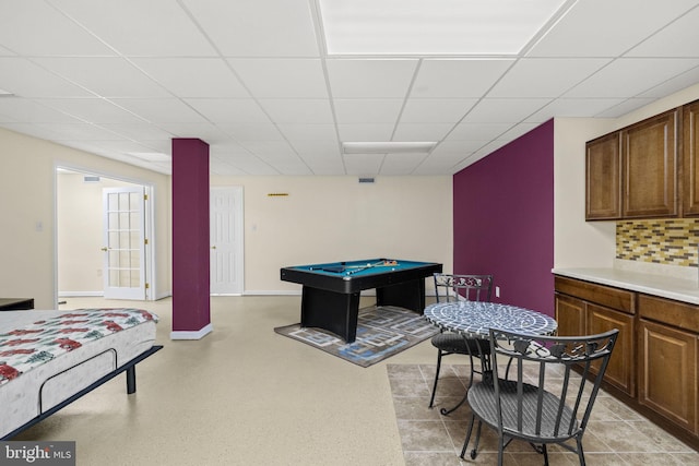 rec room featuring a paneled ceiling and billiards