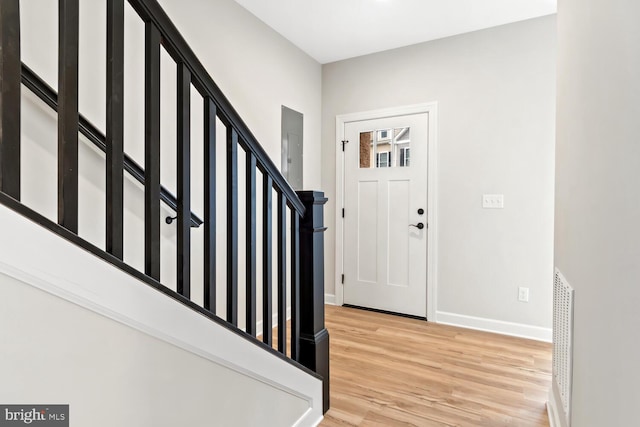 entryway featuring electric panel and wood-type flooring