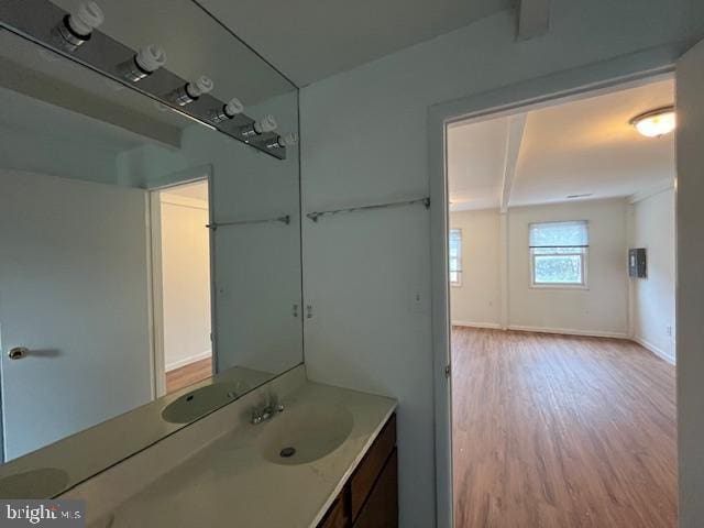 bathroom with hardwood / wood-style floors and vanity