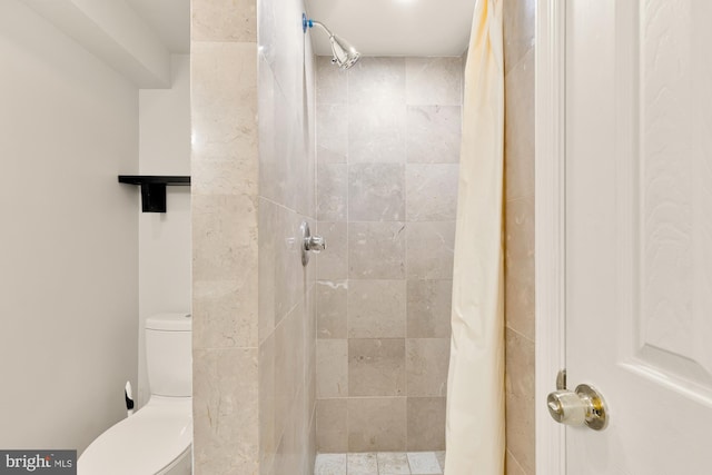 bathroom with toilet and a shower with shower curtain