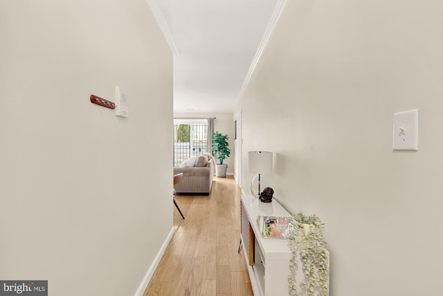 hallway featuring crown molding and light hardwood / wood-style flooring